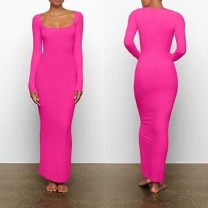 SKIMS Long Sleeve Ribbed Square Neck Maxi Dress in Hot Pink